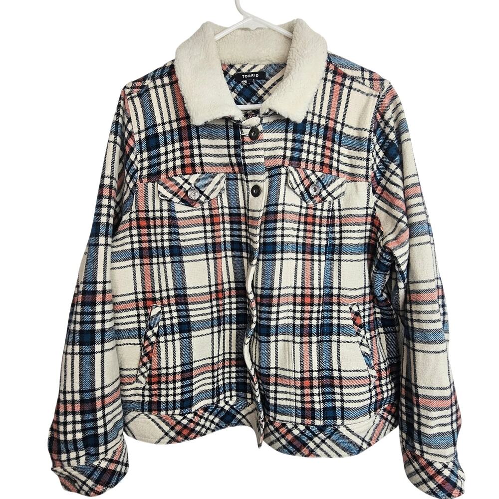 Torrid Womens Plaid Flannel Trucker Jacket Plus Size 2X Sherpa Collar Layering